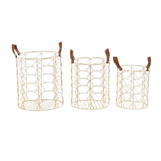 CosmoLiving by Cosmopolitan Gold Metal Storage Basket with Faux Leather Handles Set of 3 16", 14